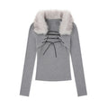 Faux-Fur Collar Design Gray Slim-Fit Long Sleeve