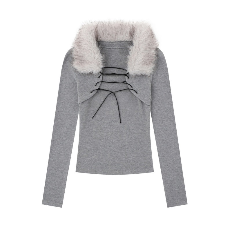 Faux-Fur Collar Design Gray Slim-Fit Long Sleeve