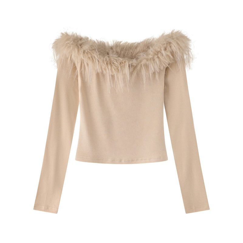 Faux-Fur Collar Patchwork Casual Long Sleeve Top
